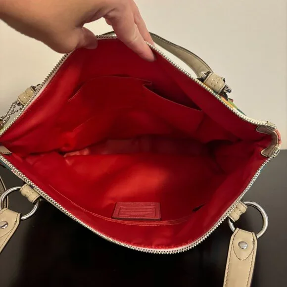 Coach Poppy Colorful Signature Canvas Hallie East/West Taupe Patent Leather Tote - Picture 12 of 14